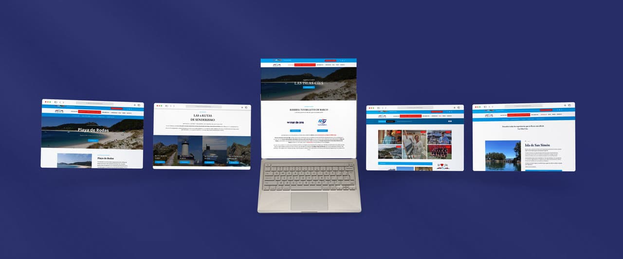 Mockup del portal Las Islas Cíes en escritorio — página de inicio con hero y navegación