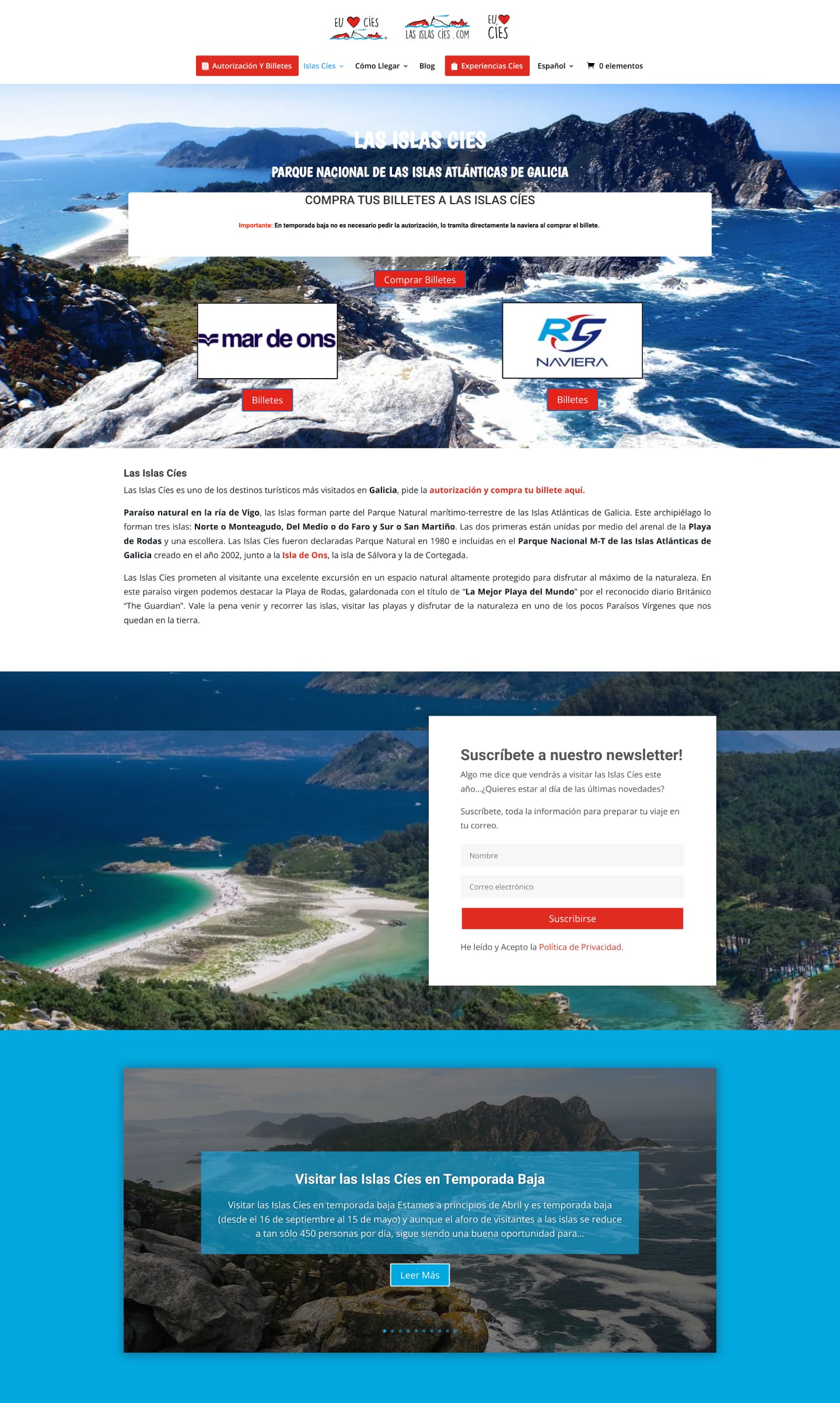 Web original de Las Islas Cíes — página de venta de billetes sin arquitectura de contenido