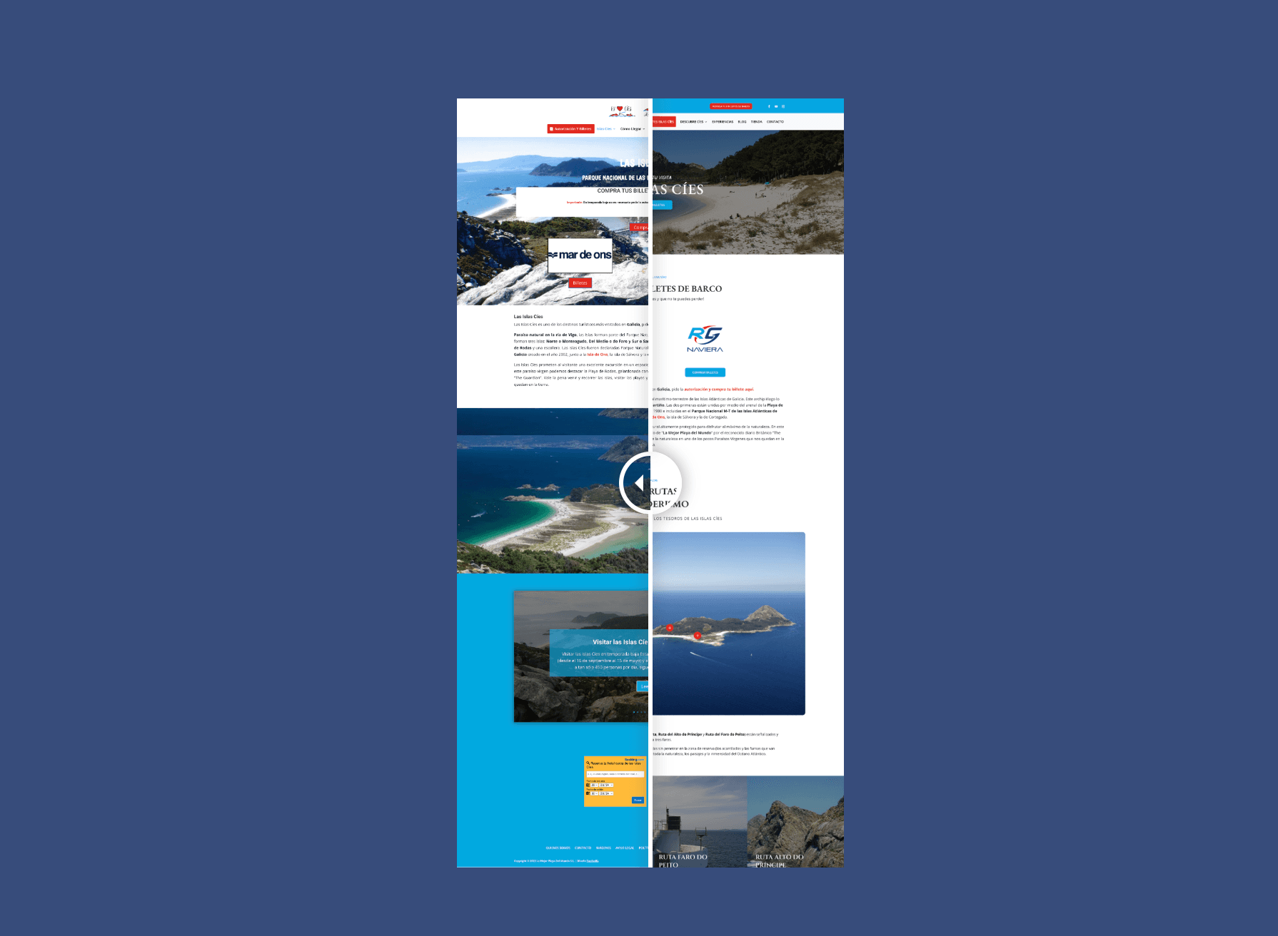 Página de inicio del portal Las Islas Cíes — hero visual con acceso a rutas y billetes