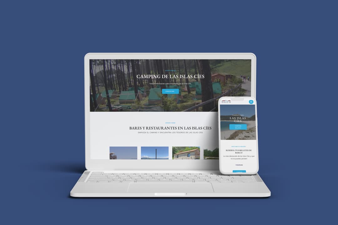 Mockup del portal Las Islas Cíes en dispositivo móvil — navegación responsive