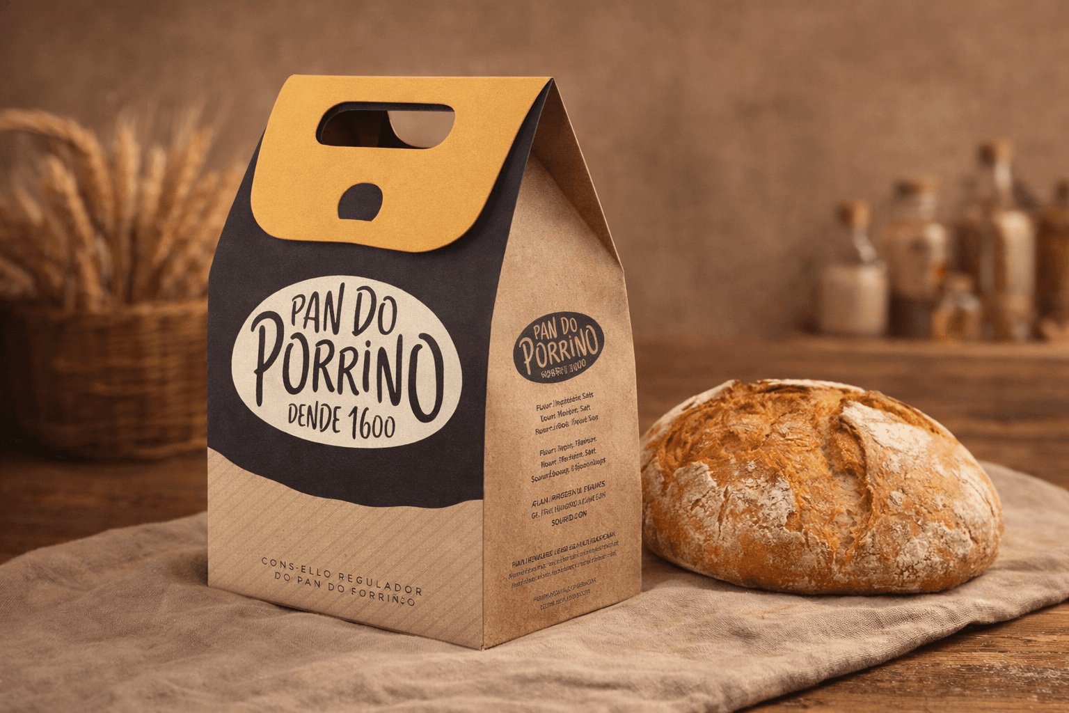 Packaging de la Bolla de Pan do Porriño — diseño final con sistema de marca aplicado
