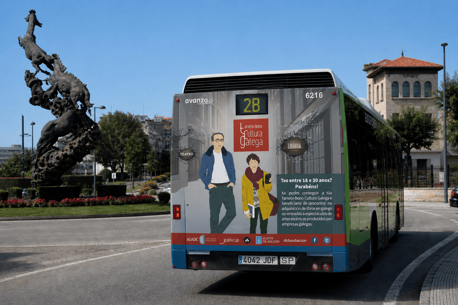Ilustración de figura icónica gallega descontextualizada — concepto creativo de la campaña